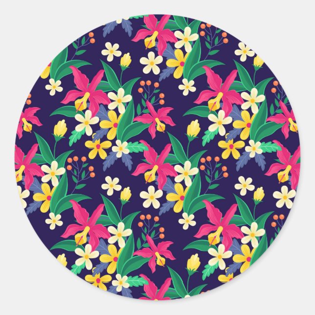 Colourful Exotic Flowers Leaves Pattern-23021 Classic Round Sticker (Front)