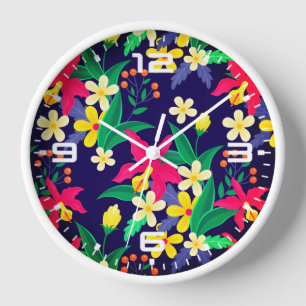 Colourful Exotic Flowers Leaves Pattern-23021 Clock