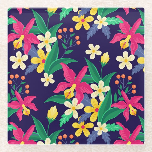 Colourful Exotic Flowers Leaves Pattern-23021 Glass Coaster (Front)