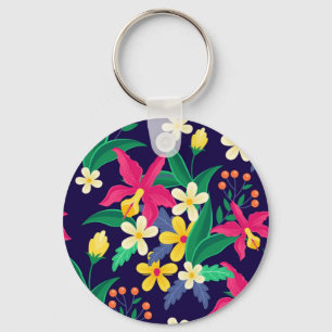 Colourful Exotic Flowers Leaves Pattern-23021 Keychain