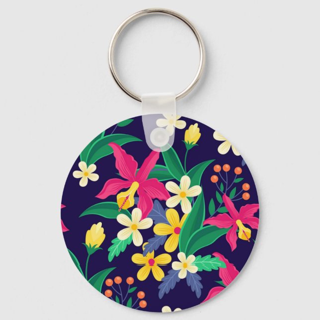 Colourful Exotic Flowers Leaves Pattern-23021 Keychain (Front)