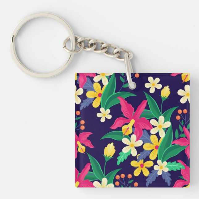 Colourful Exotic Flowers Leaves Pattern-23021 Keychain (Front)