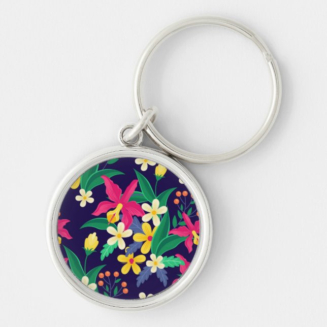 Colourful Exotic Flowers Leaves Pattern-23021 Keychain (Front)