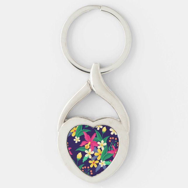 Colourful Exotic Flowers Leaves Pattern-23021 Keychain (Front)
