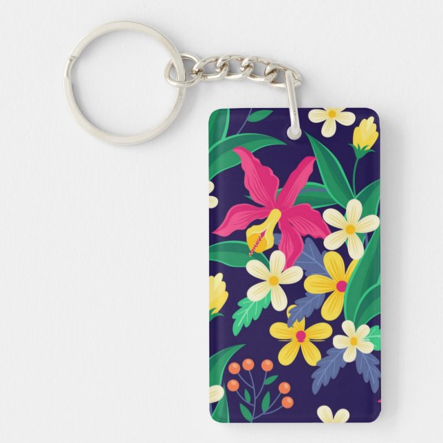 Colourful Exotic Flowers Leaves Pattern-23021 Keychain (Front)