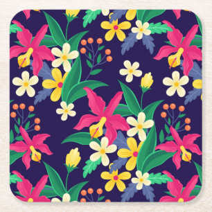 Colourful Exotic Flowers Leaves Pattern-23021 Square Paper Coaster