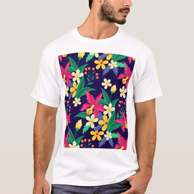 Colourful Exotic Flowers Leaves Pattern-23021 T-Shirt (Front)