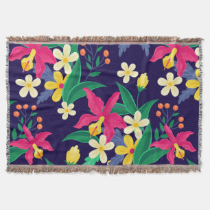 Colourful Exotic Flowers Leaves Pattern-23021 Throw Blanket