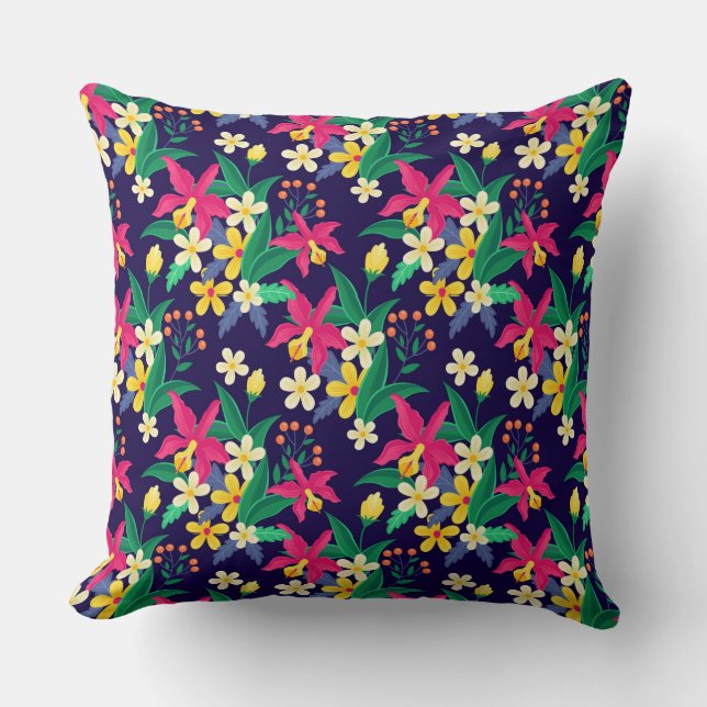 Colourful Exotic Flowers Leaves Pattern-23021 Throw Pillow (Front)