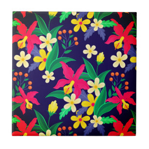 Colourful Exotic Flowers Leaves Pattern-23021 Tile