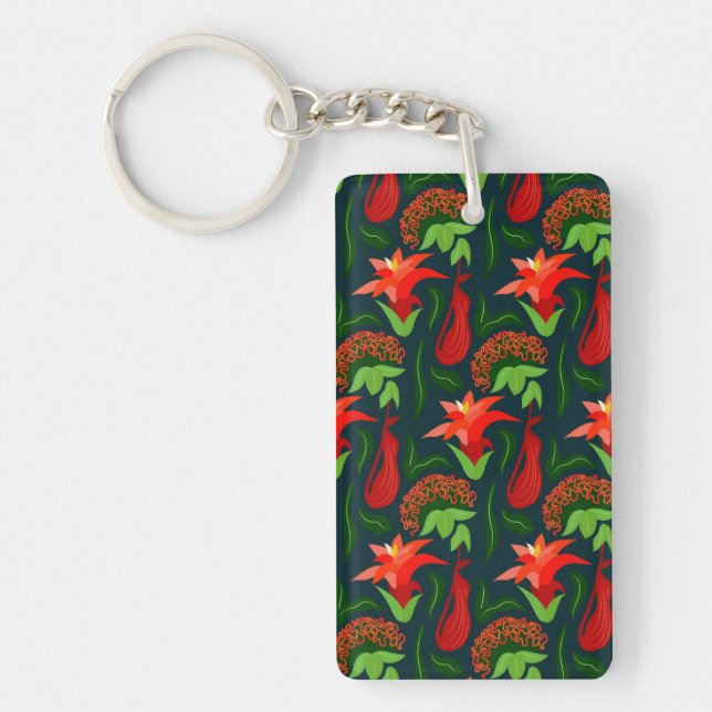 Colourful Exotic Flowers Leaves Pattern Keychain (Front)