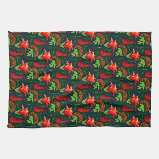 Colourful Exotic Flowers Leaves Pattern Kitchen Towel (Horizontal)