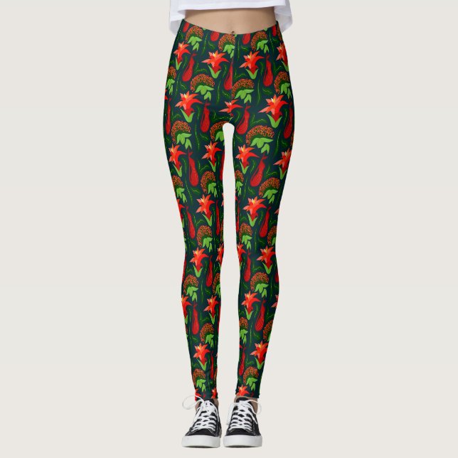 Colourful Exotic Flowers Leaves Pattern Leggings (Front)