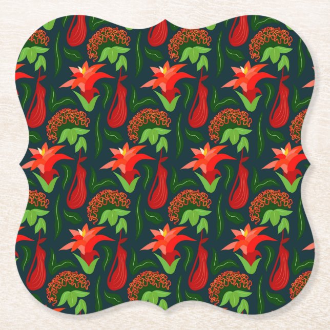Colourful Exotic Flowers Leaves Pattern Paper Coaster (Front)