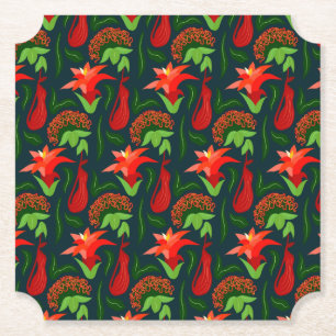 Colourful Exotic Flowers Leaves Pattern Paper Coaster