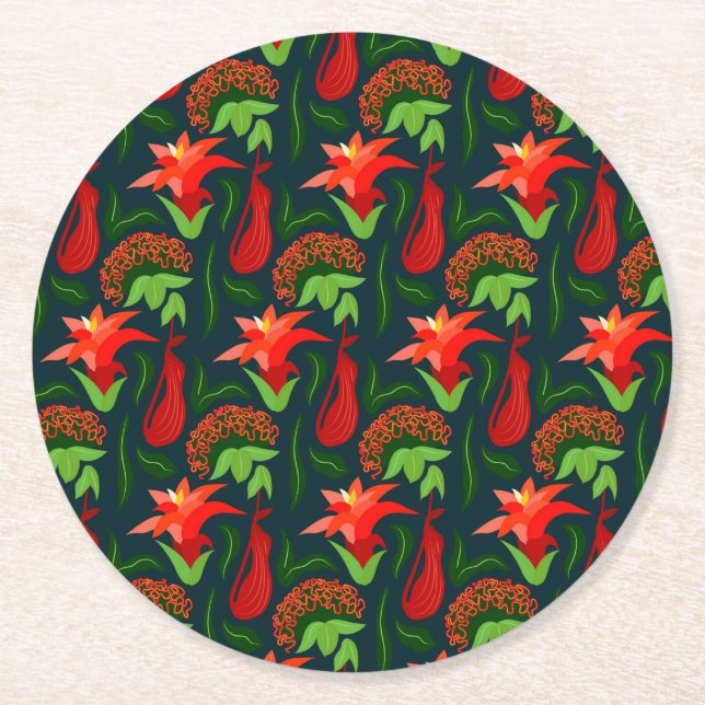 Colourful Exotic Flowers Leaves Pattern Round Paper Coaster (Front)