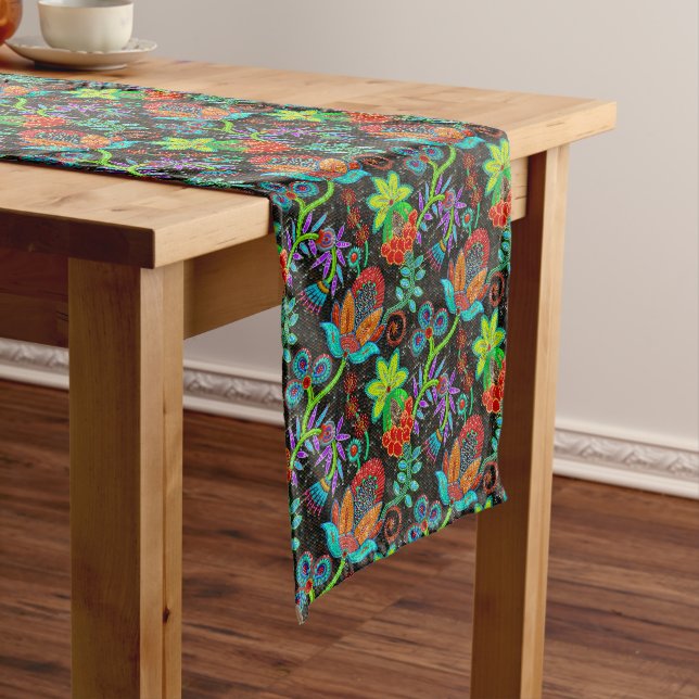 Colourful exotic flowers pattern, glass beads look medium table runner (In Situ)