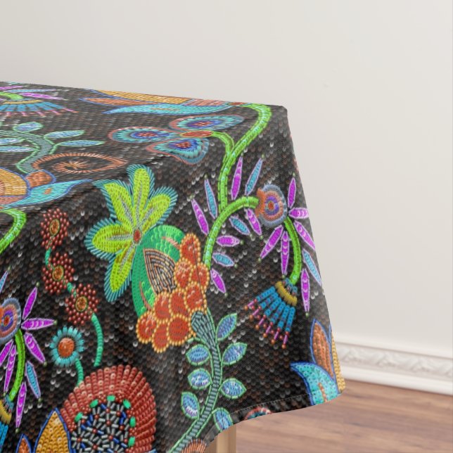Colourful exotic flowers pattern, glass beads look tablecloth (In Situ)