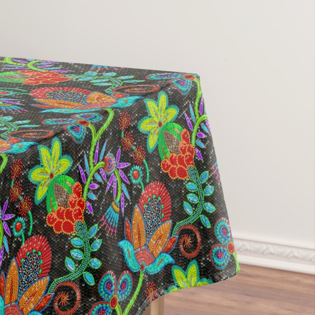 Colourful exotic flowers pattern, glass beads look tablecloth (In Situ)