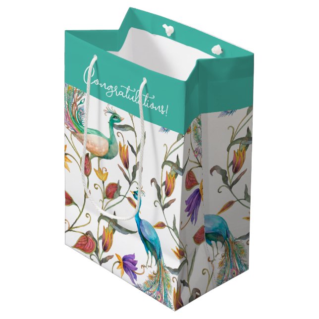 Colourful Exotic Peacock Floral Pattern Medium Gift Bag (Front Angled)