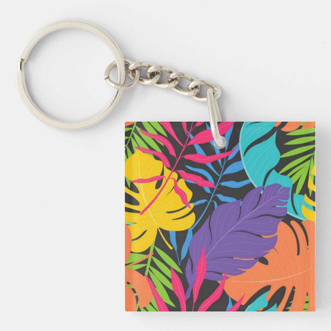 Colourful Exotic Tropical Leaves Pattern Keychain (Front)