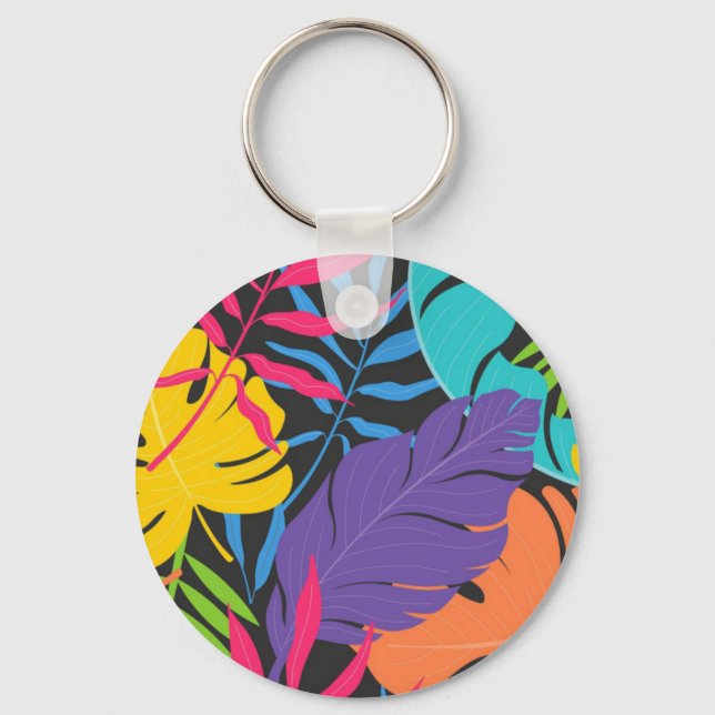 Colourful Exotic Tropical Leaves Pattern Keychain (Front)