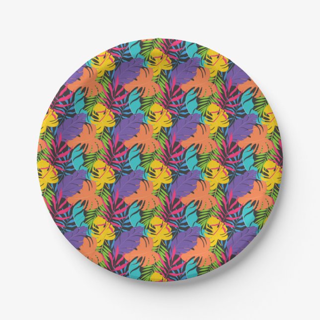 Colourful Exotic Tropical Leaves Pattern Paper Plate (Front)