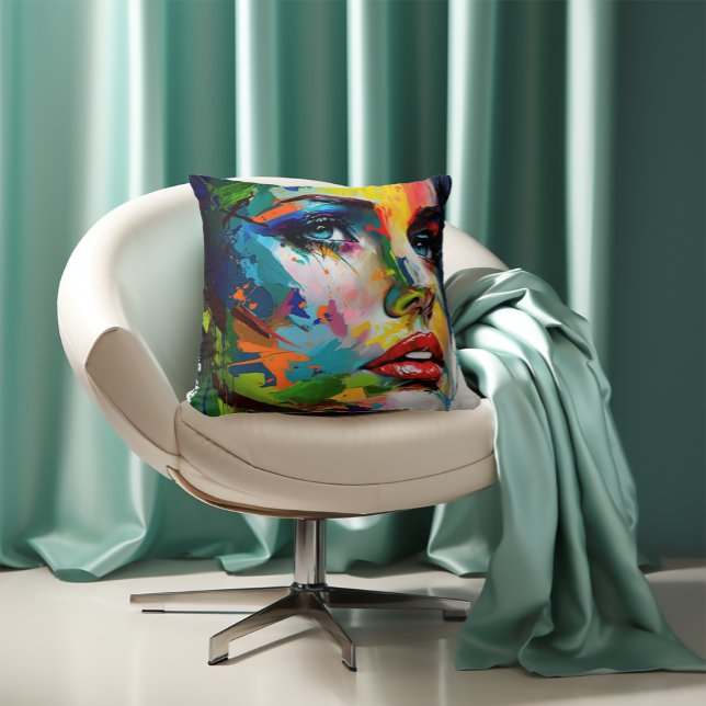 Colourful Eye-Catching Modern Painted Woman Throw Pillow (Creator Uploaded)
