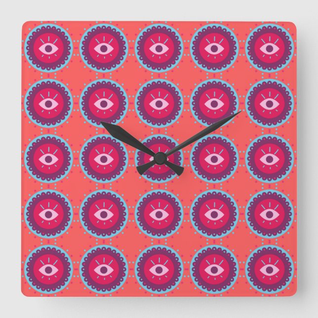 Colourful Eye Pattern on Red Background Square Wall Clock (Front)