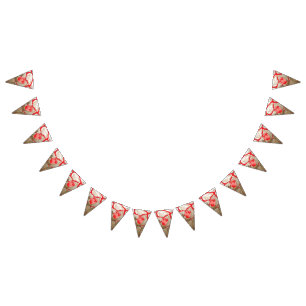 Colourful fabric design featuring a red and gold p bunting flags
