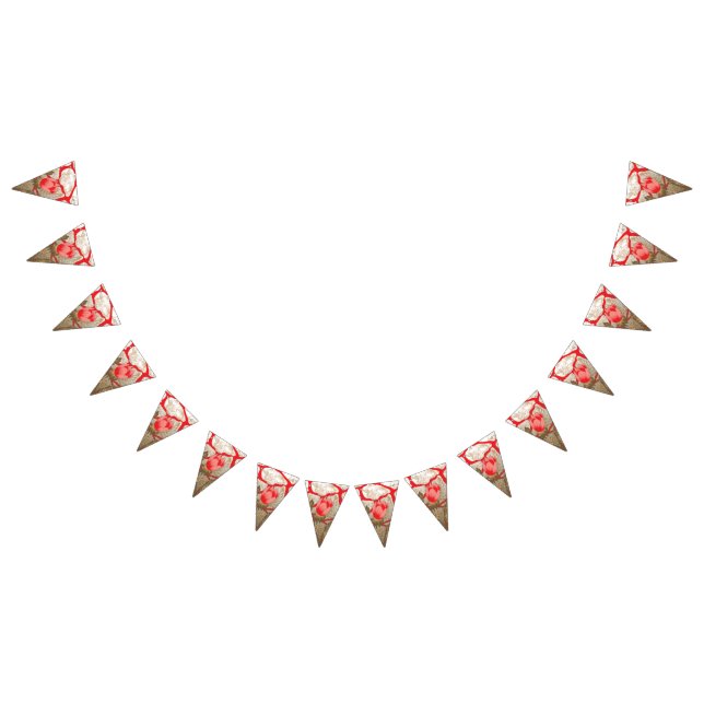 Colourful fabric design featuring a red and gold p bunting flags (All)