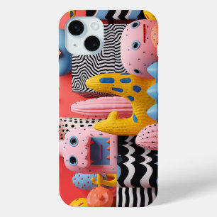Colourful faces and shapes with patterns iPhone 15 mini case