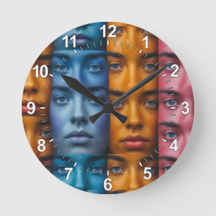 Colourful Faces Pattern Round Clock
