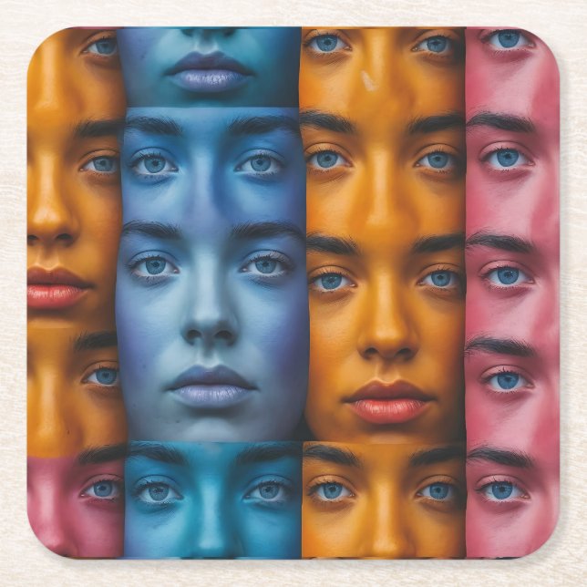 Colourful Faces Pattern Square Paper Coaster (Front)
