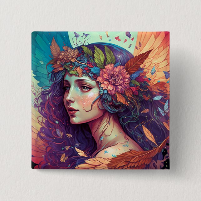 Colourful Fairy Angel Wings Fantasy Art 2 Inch Square Button (Front)
