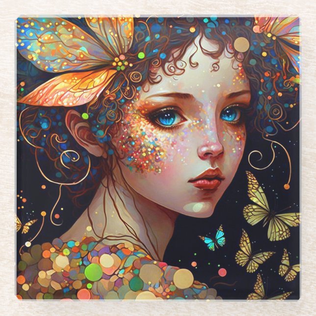 Colourful Fairy Butterflies Fantasy Art Glass Coaster (Front)