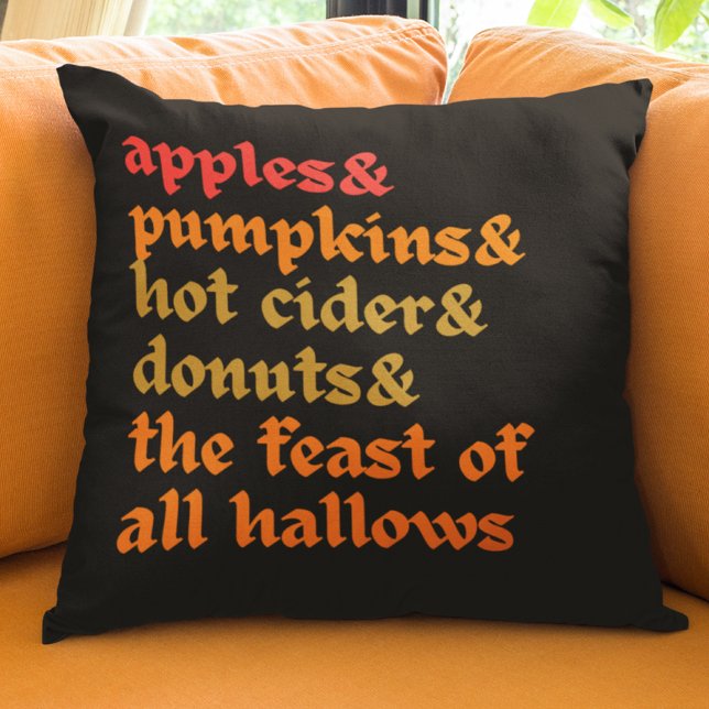 Colourful Fall Apples Pumpkins Cider Halloween  Throw Pillow (Vintage typography and a list of October pleasures decorate this traditional Halloween pillow.)