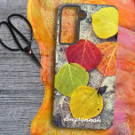 Colourful Fall Aspen Leaves Photo Personalized  Samsung Galaxy Case<br><div class="desc">This design features a photograph of colourful fall Aspen leaves on stone with and template text. Personalize or remove the template text or click customize to select a font style, size and colour you prefer. You can also add this design to other phone case brands or one of the other...</div>