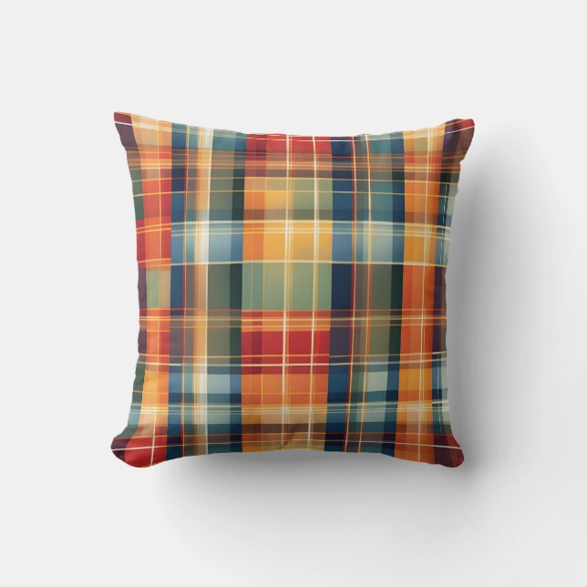 Colourful Fall Autumn Plaid Print Throw Pillow (Front)