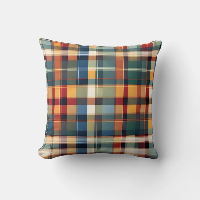 Colourful Fall Autumn Thanksgiving Plaid Print Throw Pillow (Front)