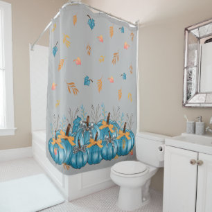 Colourful Fall Blue Pumpkins Grey Shower Curtain