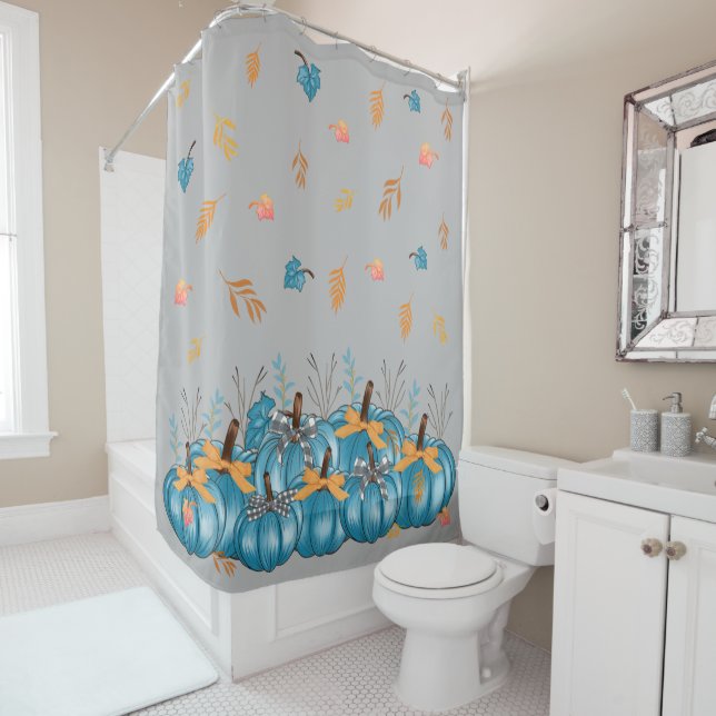 Colourful Fall Blue Pumpkins Grey Shower Curtain (In Situ)