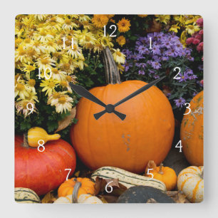 Colourful fall decorative pumpkin display square wall clock