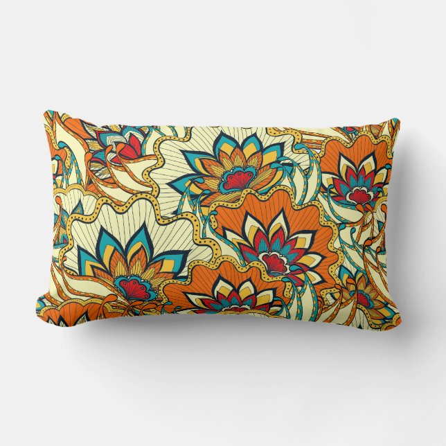 Colourful Fall Floral Pattern Lumbar Pillow (Front)