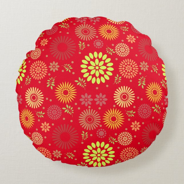 Colourful Fall Flowers in Warm Shades Round Pillow (Front)