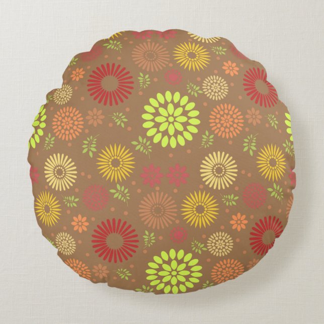 Colourful Fall Flowers in Warm Shades Round Pillow (Front)