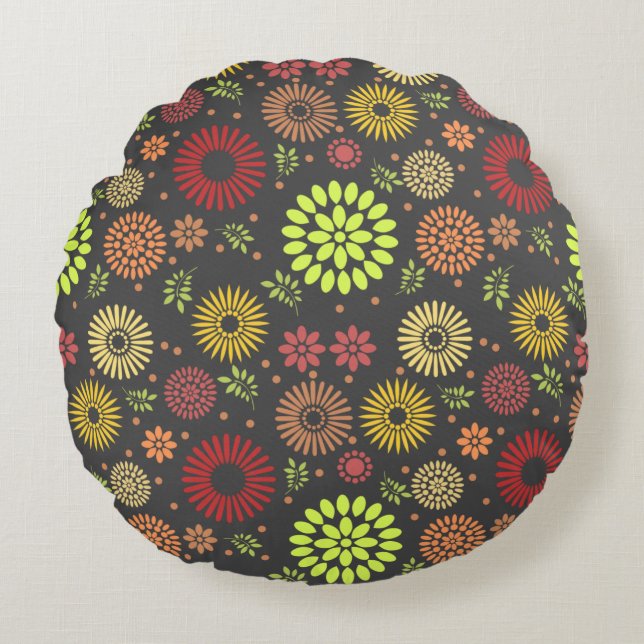 Colourful Fall Flowers in Warm Shades Round Pillow (Front)