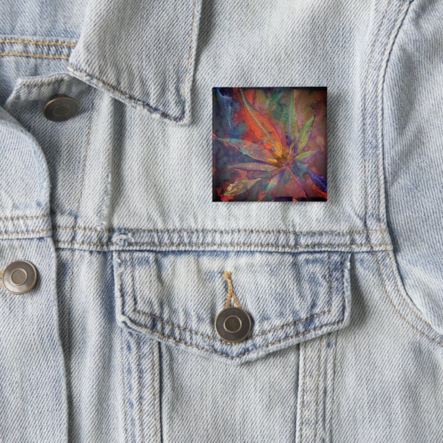 Colourful Fall Leaf Print Art Pinback 2 Inch Square Button (In Situ)