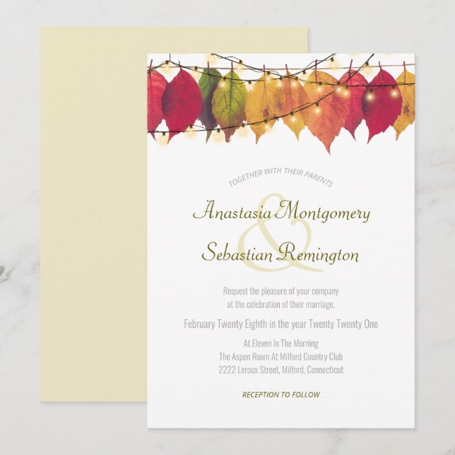 Colourful Fall Leaf String Lights Wedding Ceremony Invitation (Front/Back)