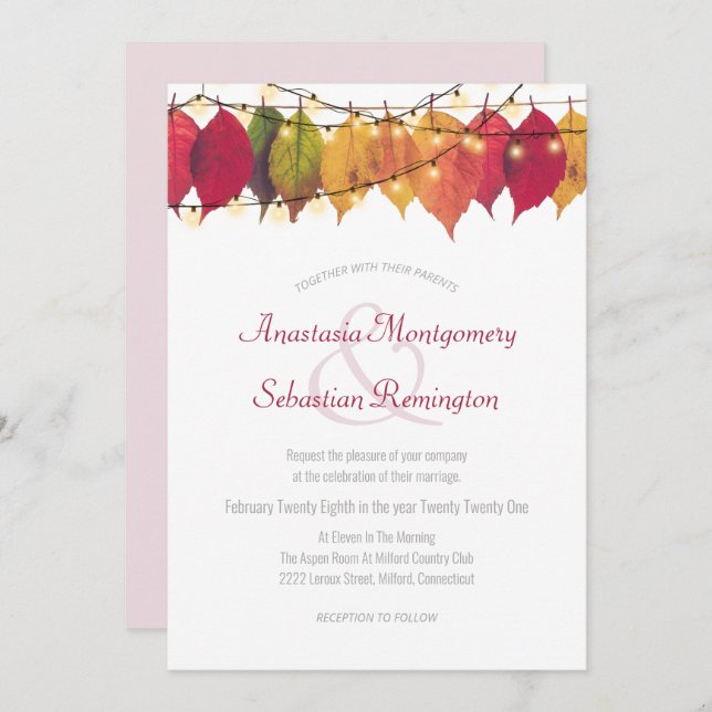 Colourful Fall Leaf String Lights Wedding Ceremony Invitation (Front/Back)